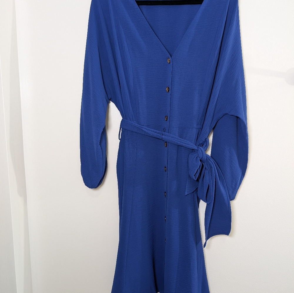 Calvin Klein Blue Button Front Tie Waist Midi Dress Size 10 Corpcore Minimalist - Picture 6 of 10